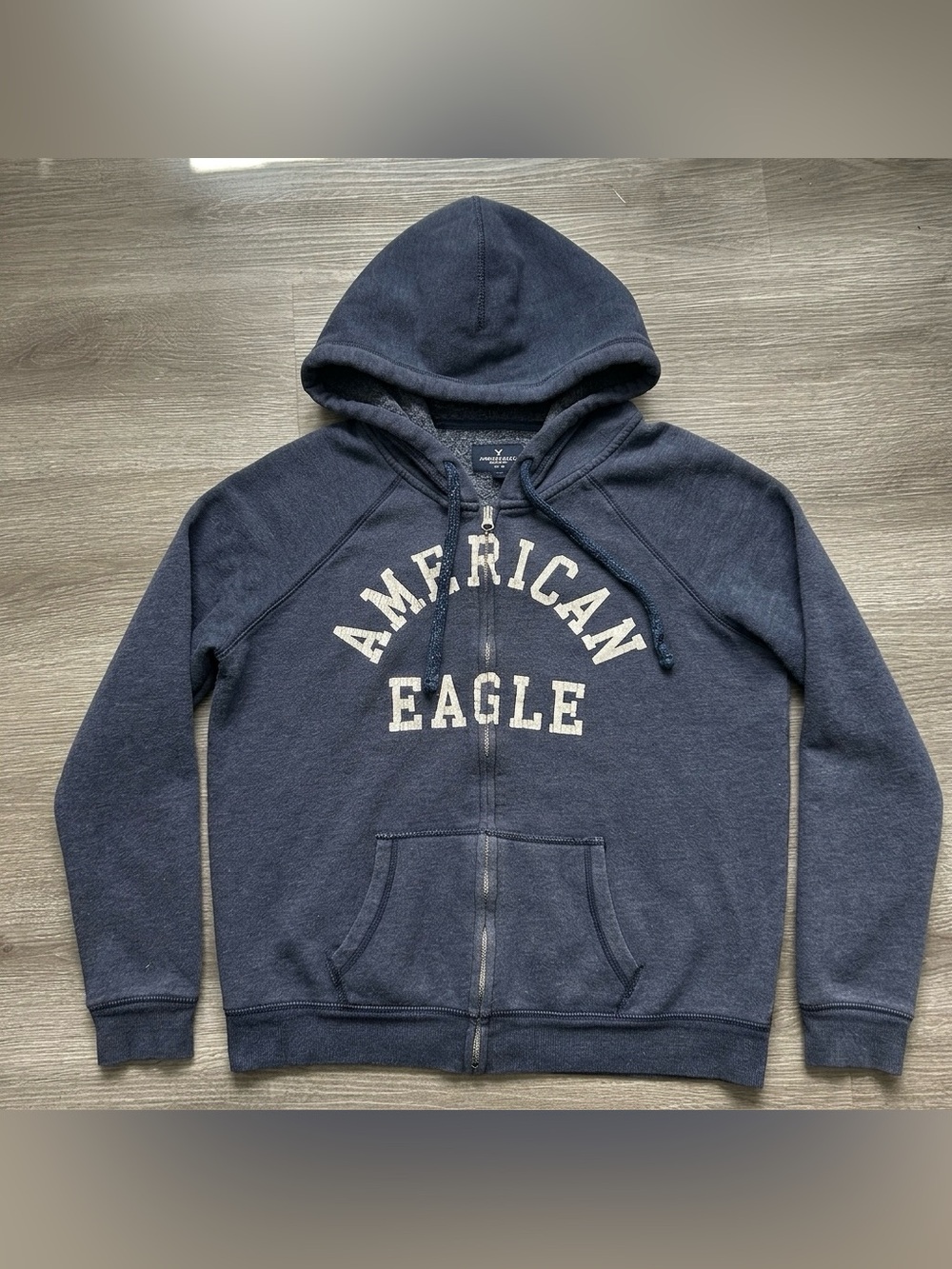 Y2K American Eagle Full Zip Hoodie Distressed Spellout Logo L Navy Blue Skater